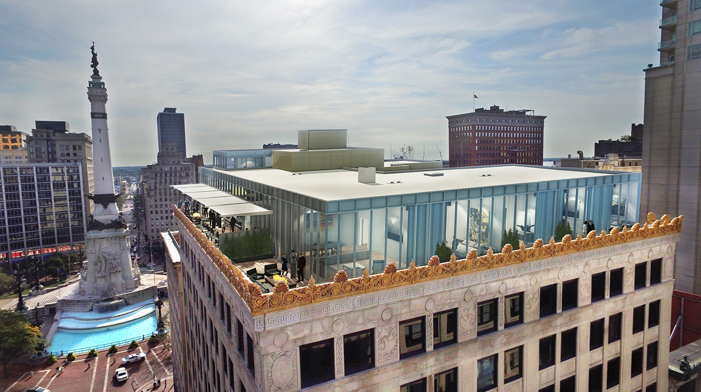A rendering of the hotel rooftop on Monument Circle.