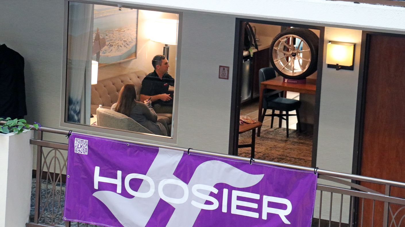 Hoosier Racing tire banner and meeting at the 2026 MPMC Media Trade Conference in Anaheim