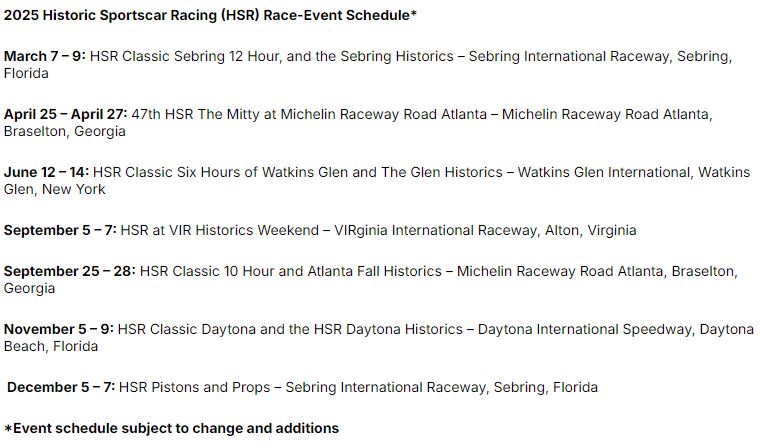 Historic Sportscar Racing schedule