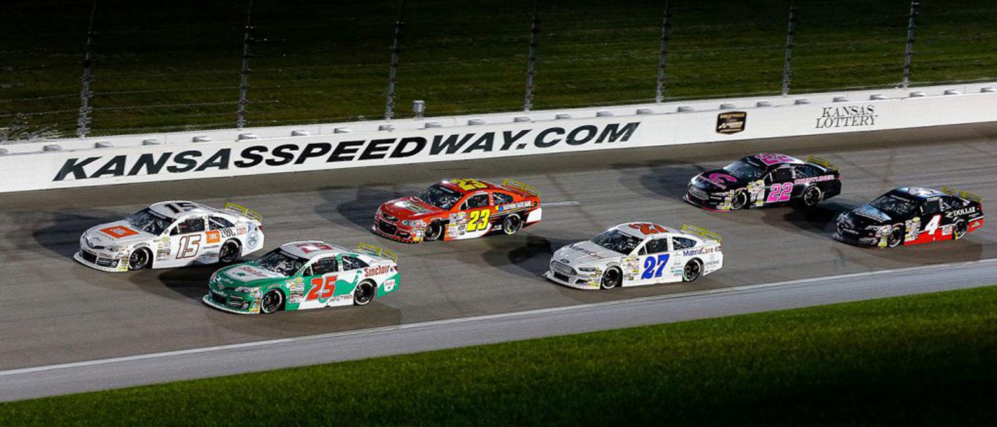 ARCA race cars on track at Kansas Speedway. Photo by Barry Cantrell, courtesy of ARCA 