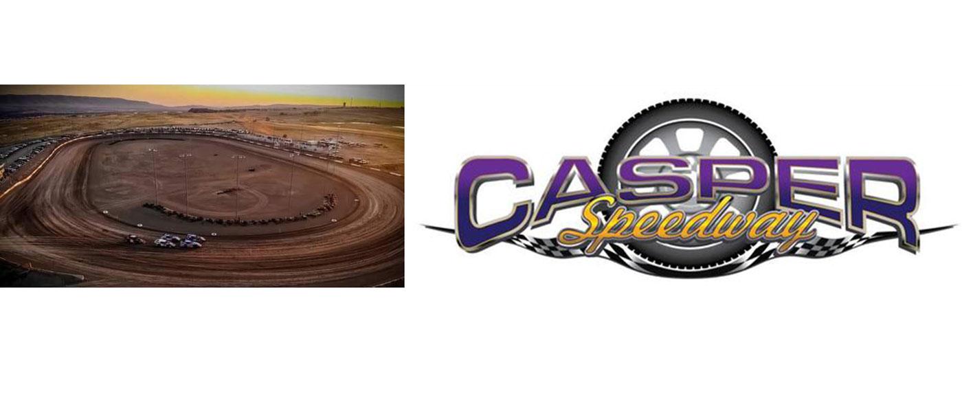 Overhead drone image of Casper Speedway with race cars on the clay dirt surface, Casper Speedway logo