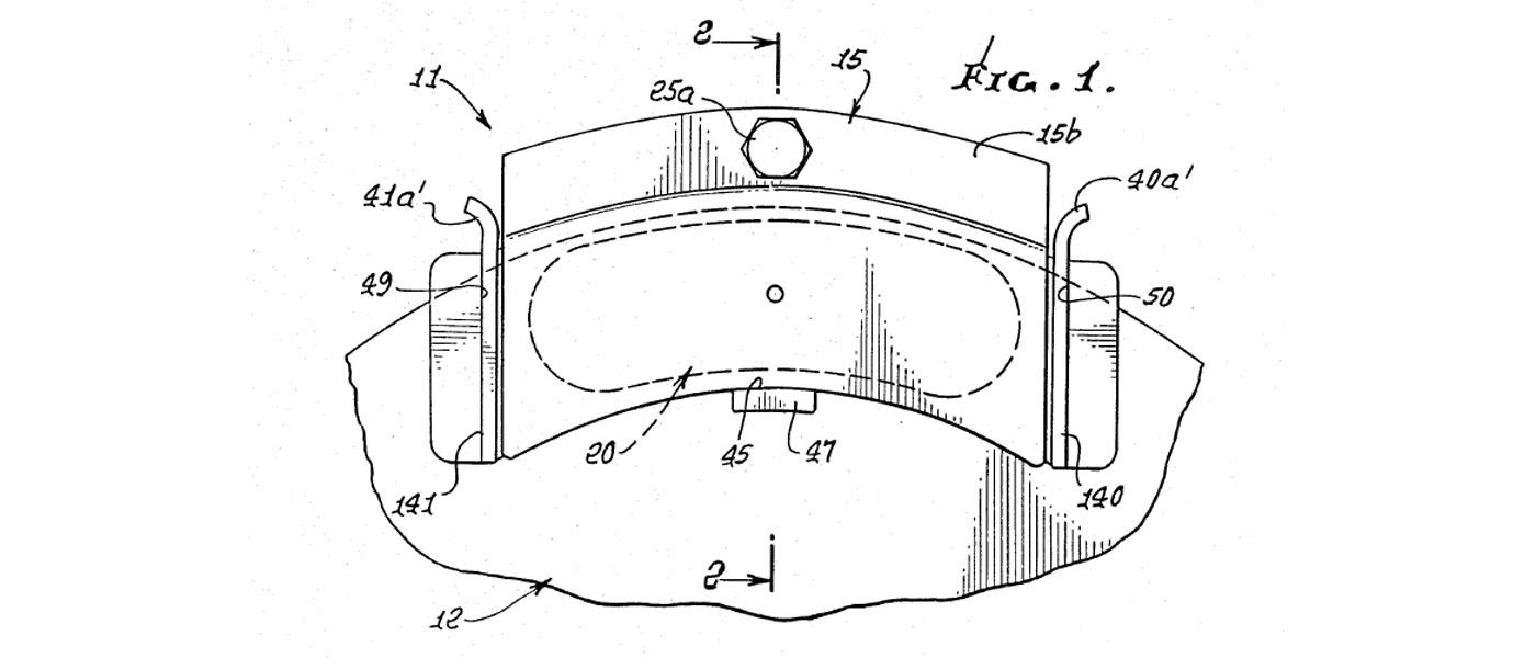 renderings of disc brake caliper, patent number 4535873, Franklin B. Airheart
