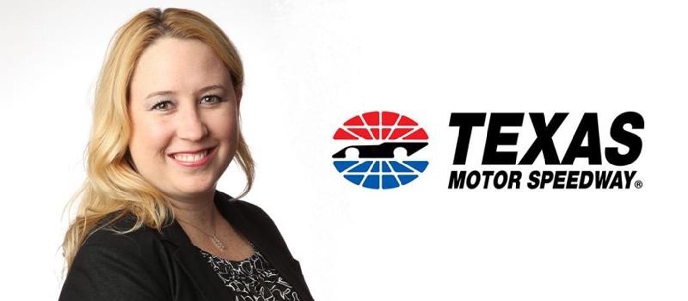 Ellen Stallcup headshot, Texas Motor Speedway logo