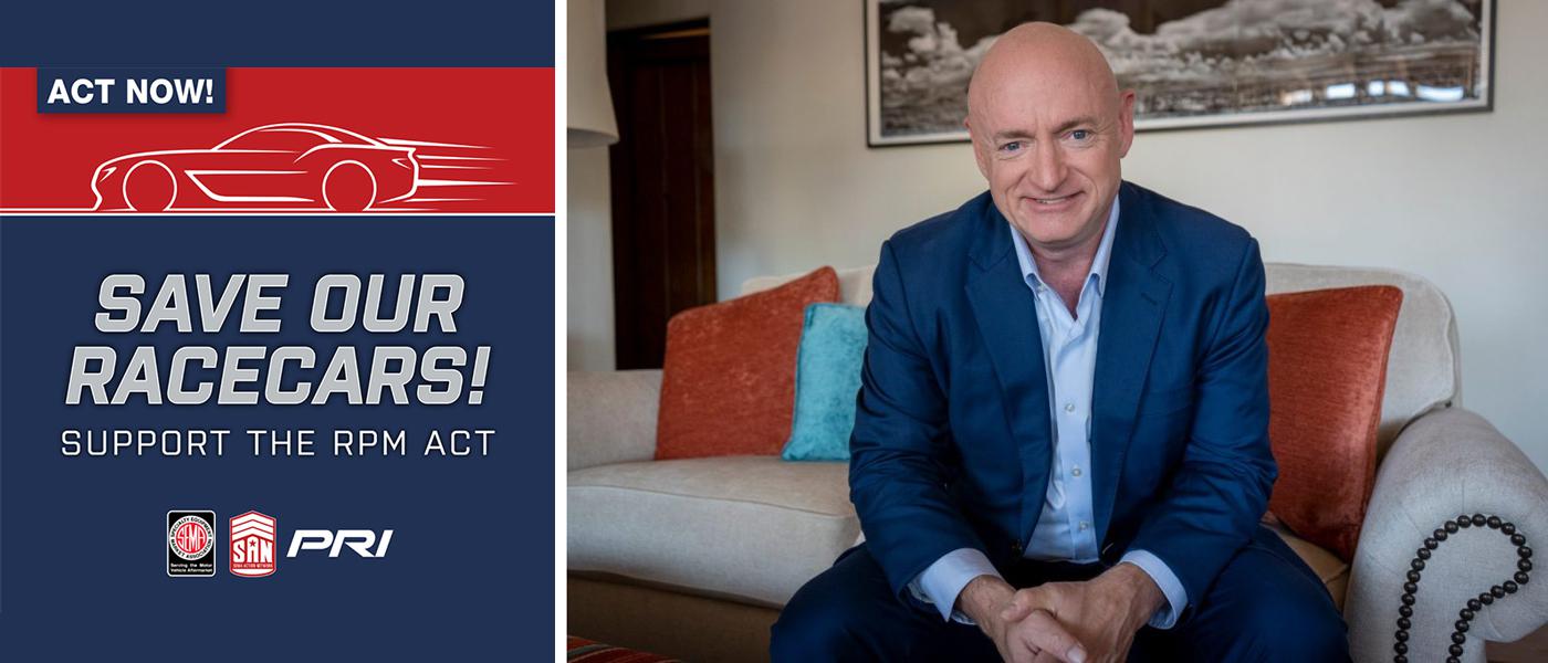 U.S. Senator Mark Kelly (D-AZ) and Save Our RaceCars logo