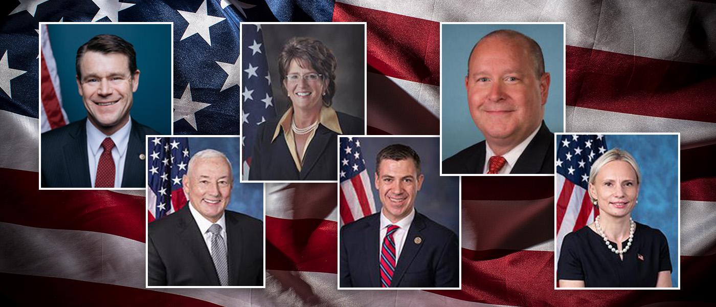 Indiana lawmakers (left to right) Sen. Todd Young (R-IN) and Reps. Greg Pence (R-IN), Jackie Walorski (R-IN), Jim Banks (R-IN), Larry Bucshon (R-IN), and Victoria Spartz (R-IN).