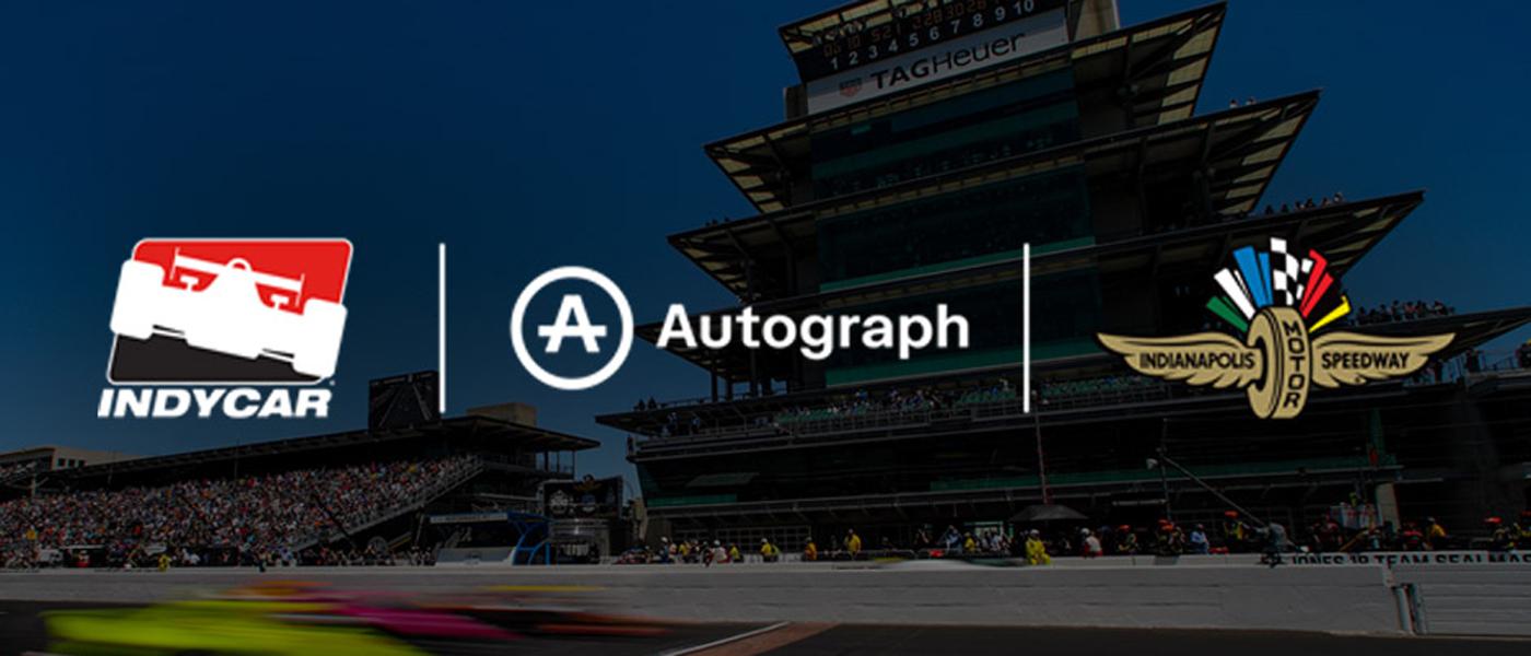 IndyCar logo, Autograph logo, IMS logo over an image of IMS