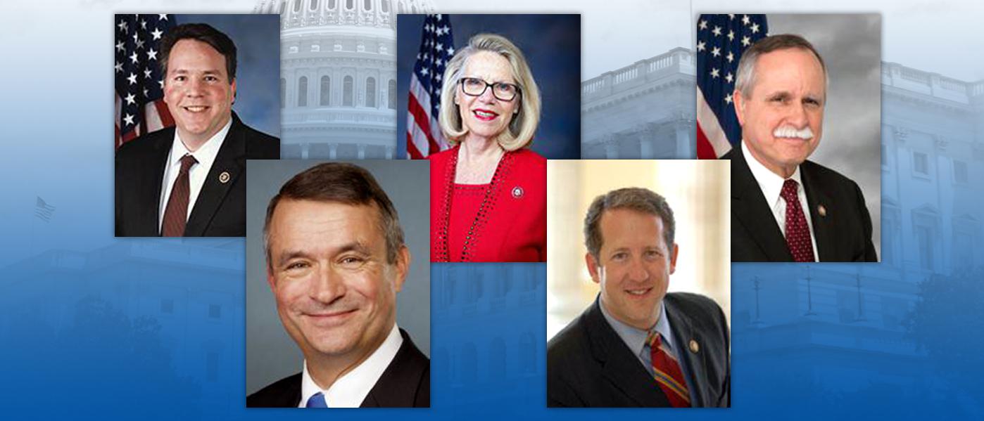 West Virginia lawmakers (top row) Reps. Alex Mooney (R-WV), Carol Miller (R-WV), and David McKinley (R-WV). West Virginia lawmakers (bottom row) Reps. Don Bacon (R-NE) and Adrian Smith (R-NE).