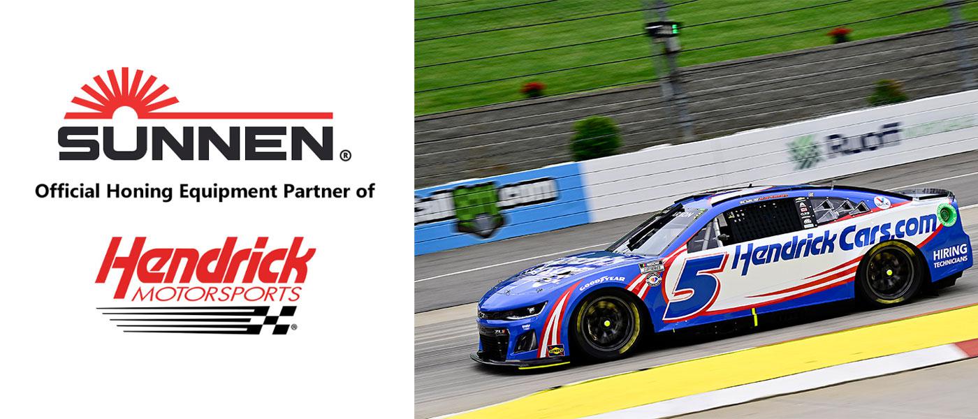 Sunnen logo, Hendrick Motorsports logo, Hendrick Motorsports Cup Series car on track