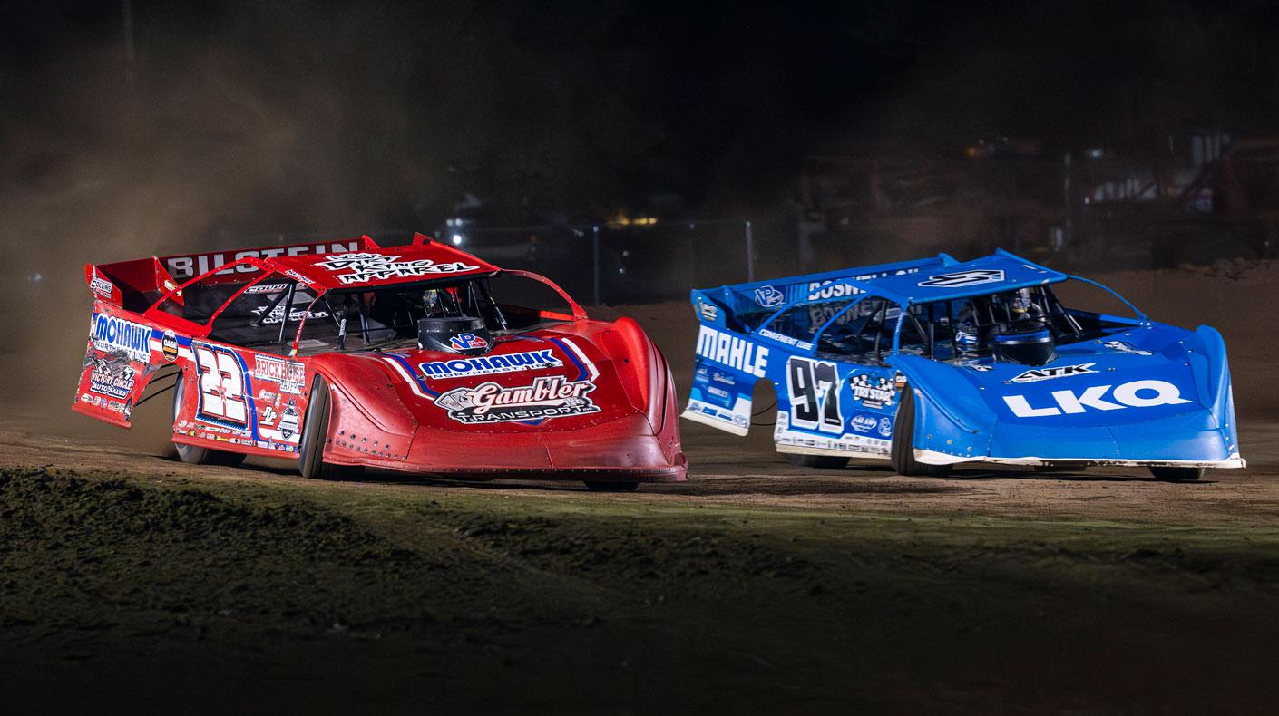 Dirt Late Models on track. Courtesy of World Of Outlaws Real American Beer Late Model Series