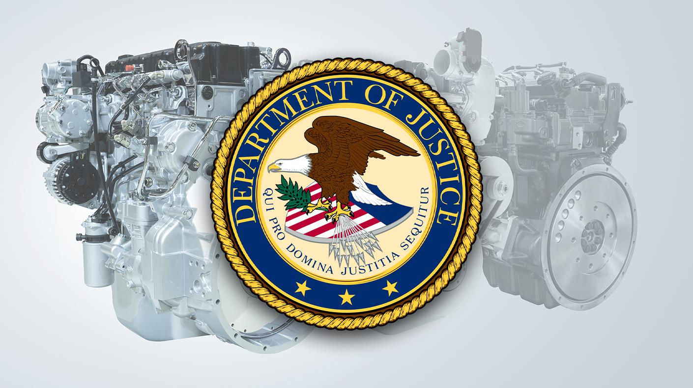 diesel engine on gray background with DOJ logo on top