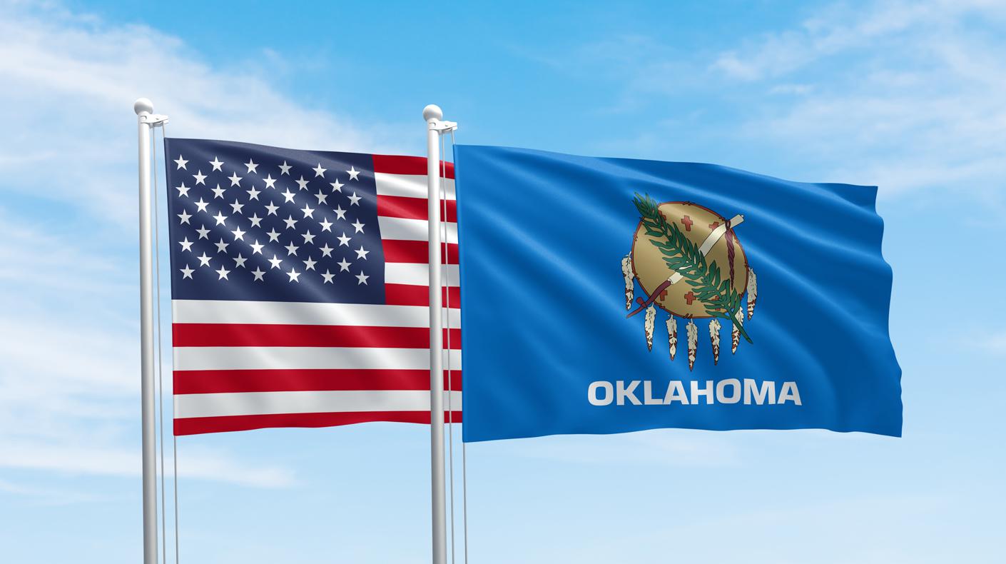 Image of US flag and Oklahoma state flag. courtesy of Shutterstock, zmotions.