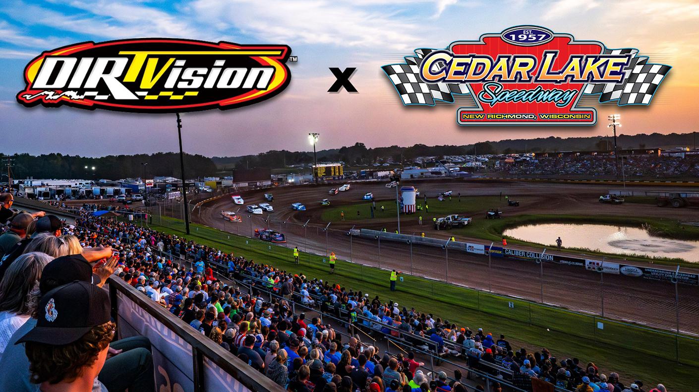 The DIRTVIsion and Cedar Lake Speedway logos over a photo of a full crowd watching a race.
