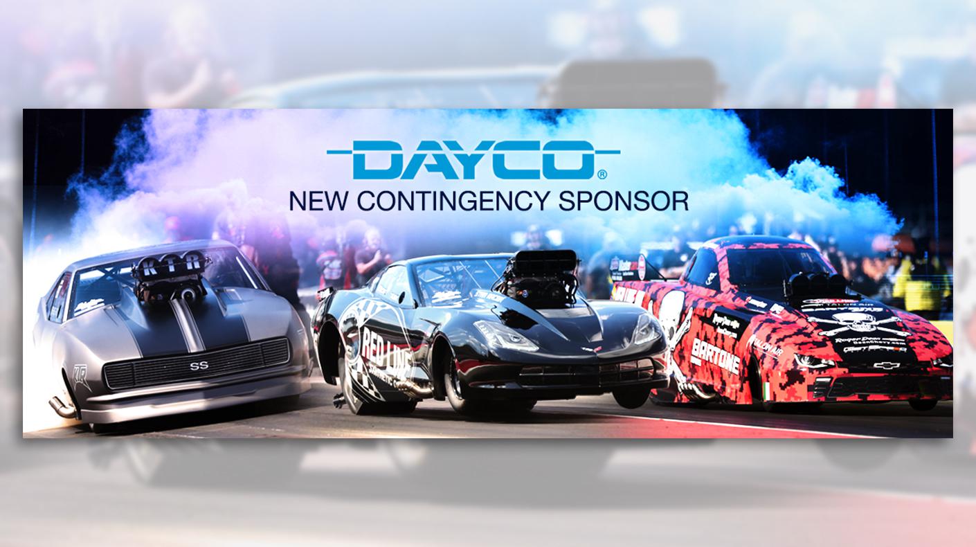 The Dayco logo over images of NHRA Pro Mod, Top Alcohol Dragster and Top Alcohol Funny Cars