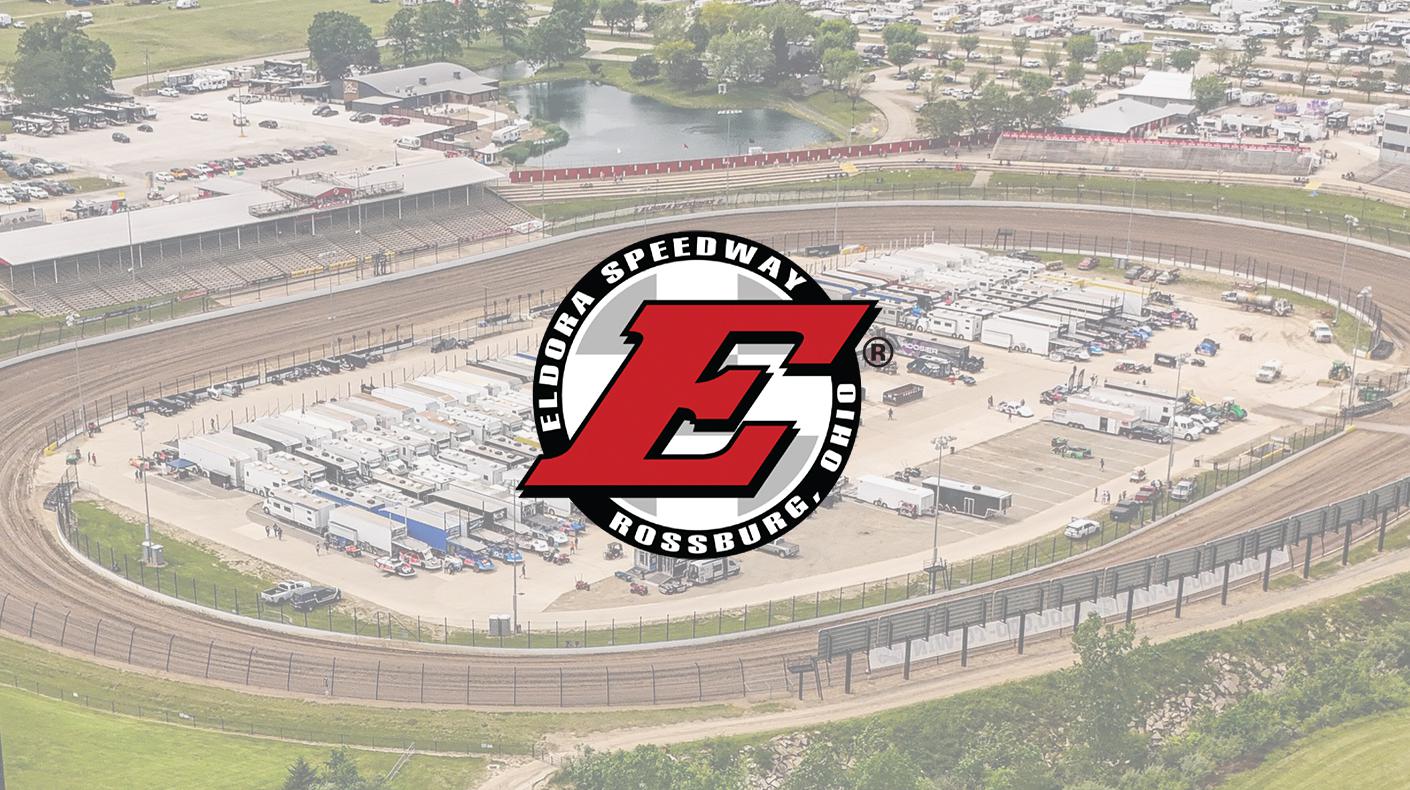 Eldora Speedway logo over and aerial image of Eldora Speedway.