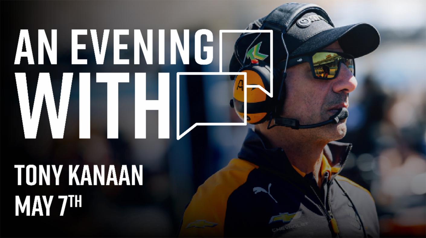 A graphic for Tony Kanaan's appearance at the IMS Museum with a photo of Kanaan standing on pit lane.