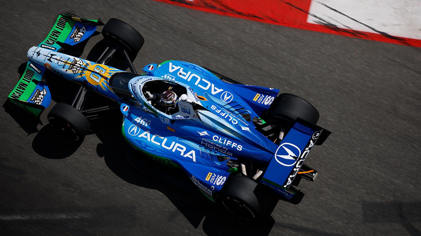Felix Rosenqvist driving an Acura-branded INDYCAR.