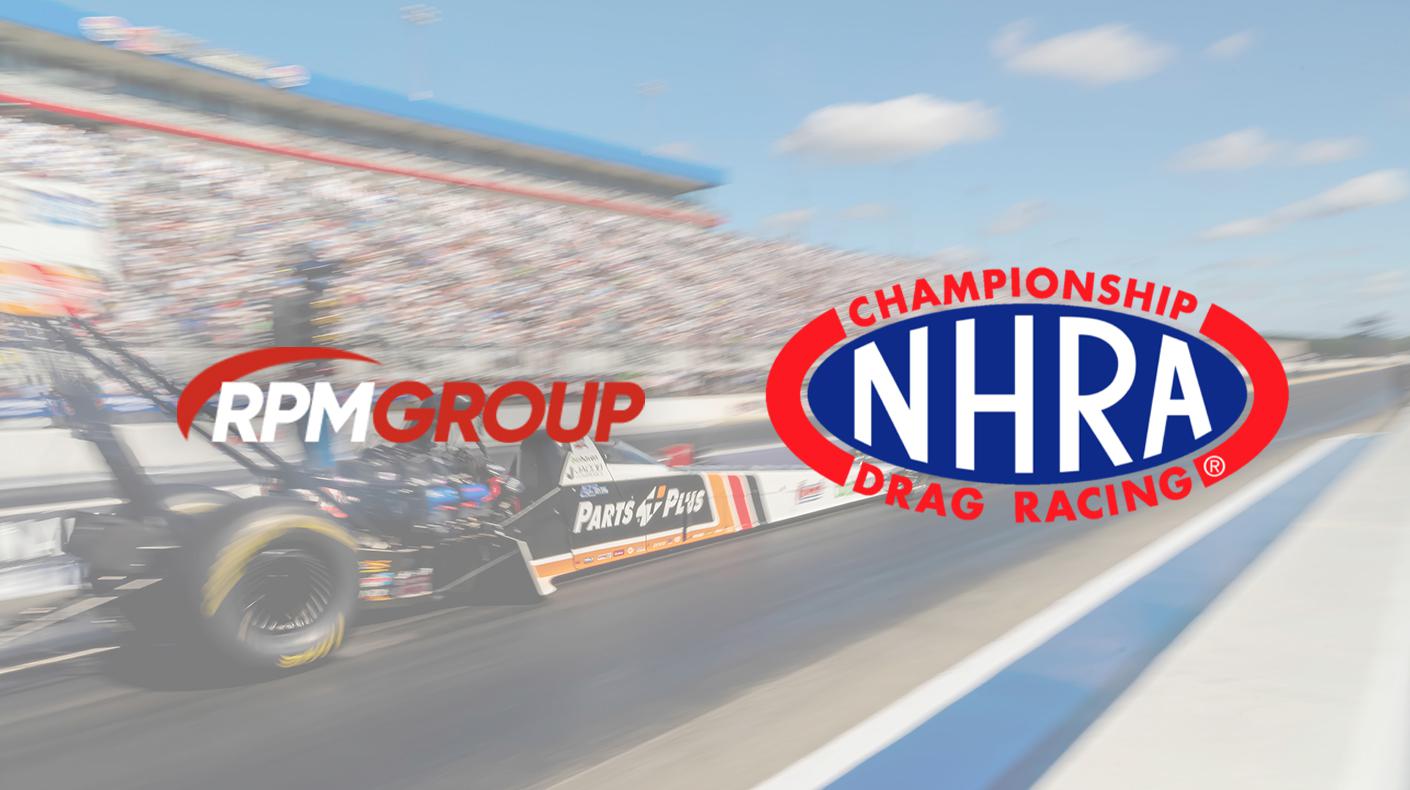 The RPM Group and NHRA logos over an image of a top fuel dragster.