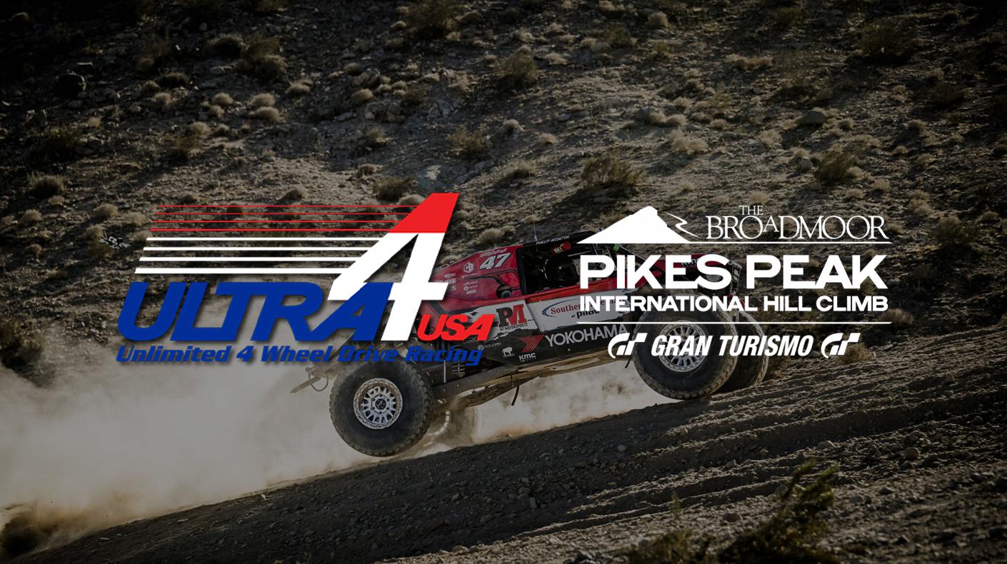 A Ultra4 car driving uphill with the Ultra4 and Pikes Peak Hill Climb logos over it.