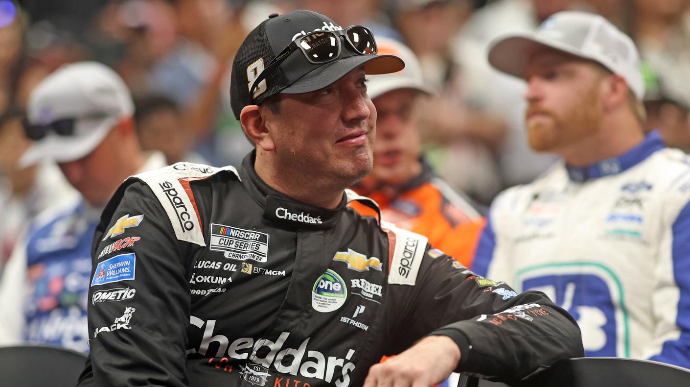 Kyle Busch looks on during the driver's meeting prior to the NASCAR Cup Series Coke Zero Sugar 400 at Daytona International Speedway on August 23, 2025, in Daytona Beach, Florida.