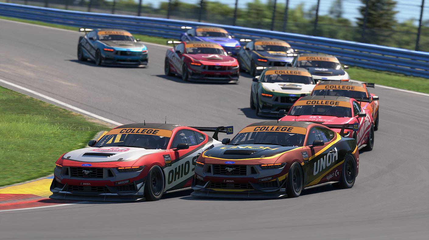 Screenshot of iRacing eNASCAR Ford Mustang GT4s.