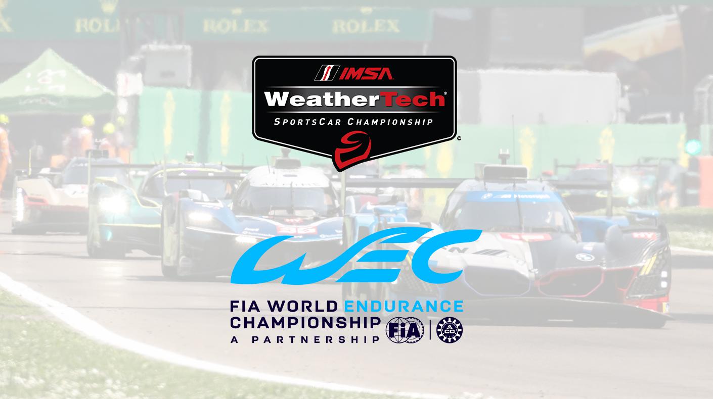 The IMSA and WEC logos over an image of the current WEC hypercar class cars on track.