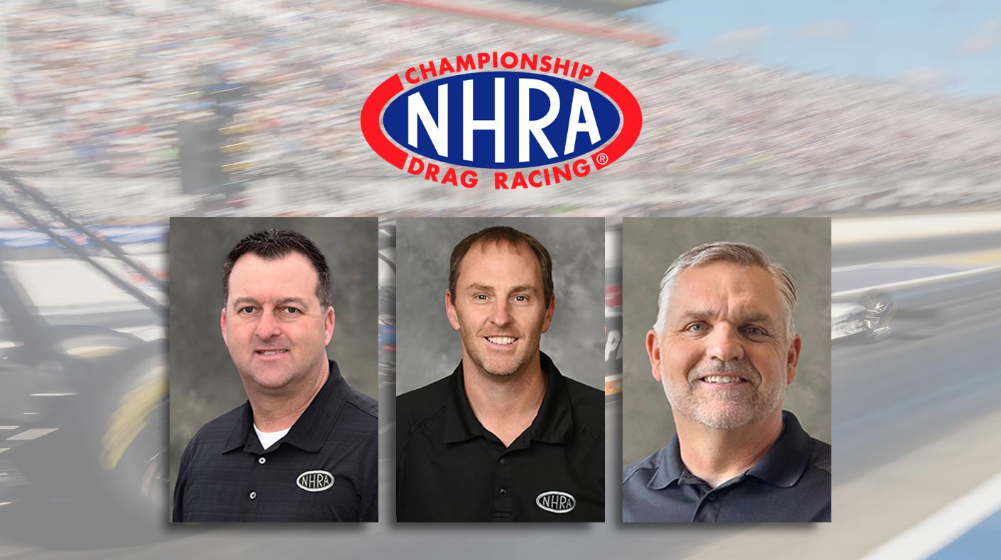 The headshots of three NHRA officials.