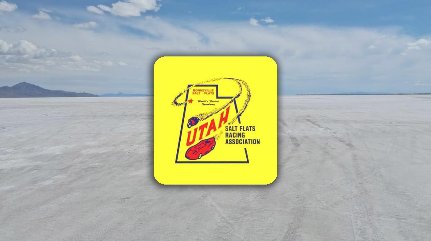 The Utah Salt Flats Racing Association logo over a picture of the Bonneville Salt Flats.