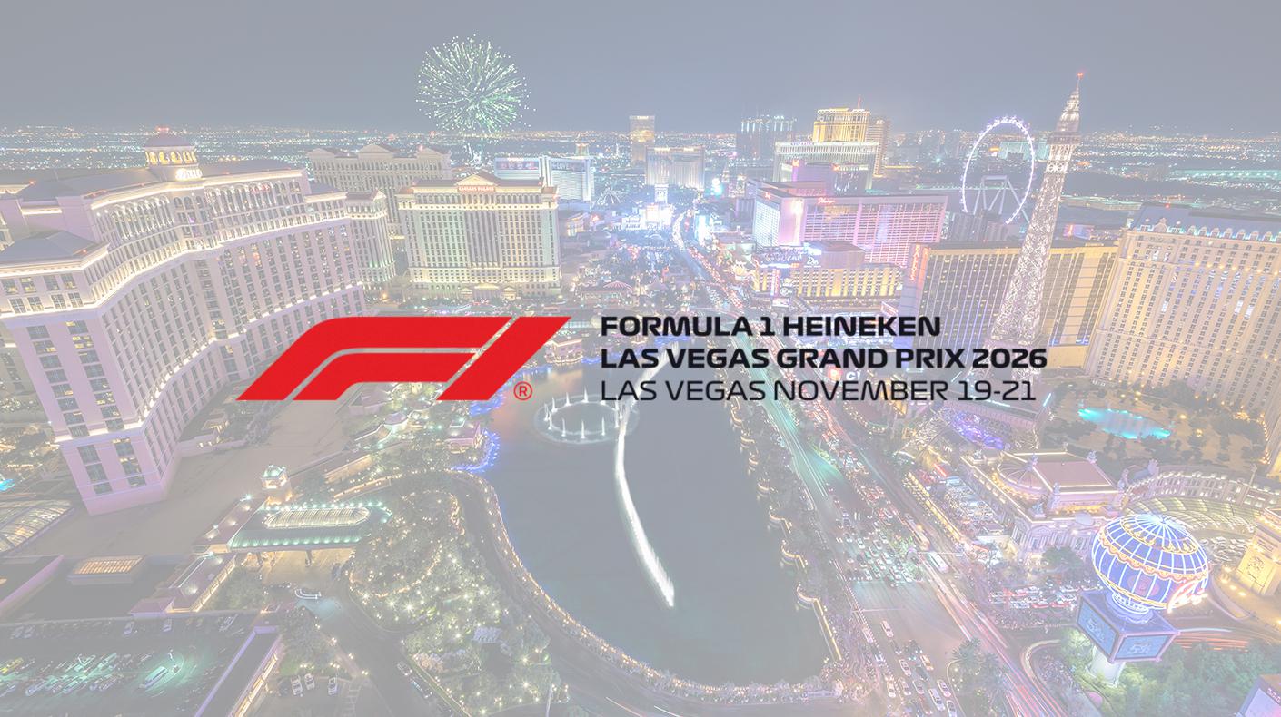 Formula 1 Las Vegas Grand Prix logo over an image of the Vegas Strip.