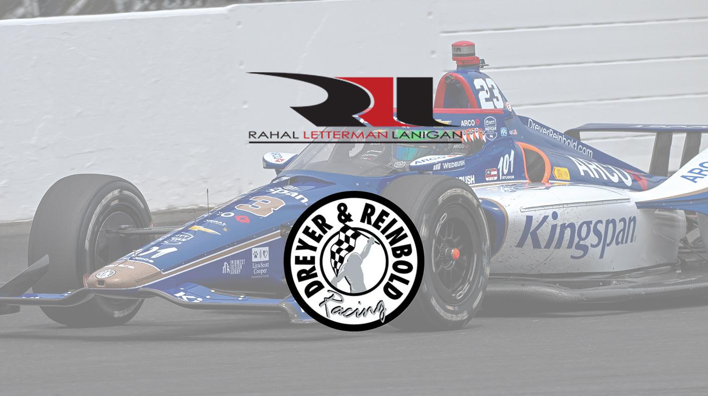 Dreyer and Reinbold and RLL logos over an image of the DRR INDYCAR at IMS.
