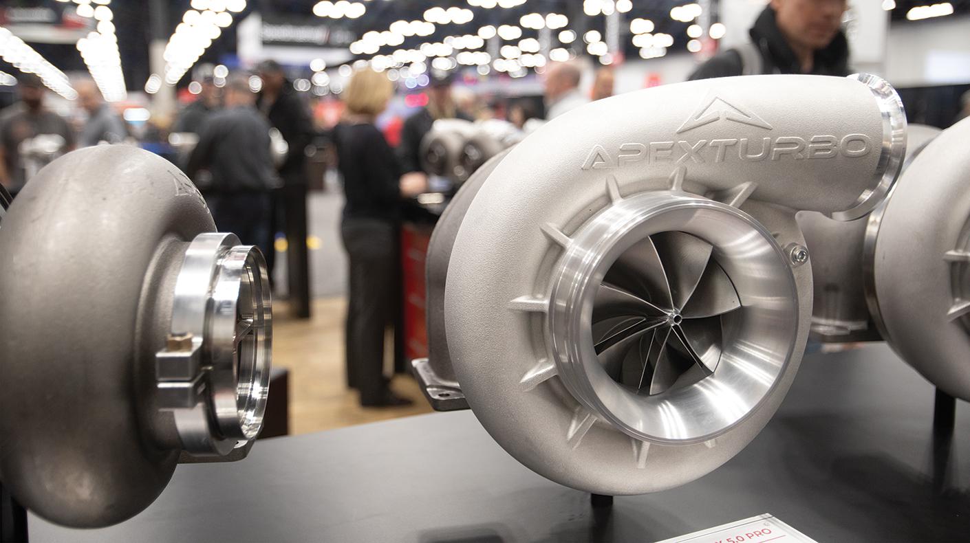 A turbocharger on display at the PRI Show.