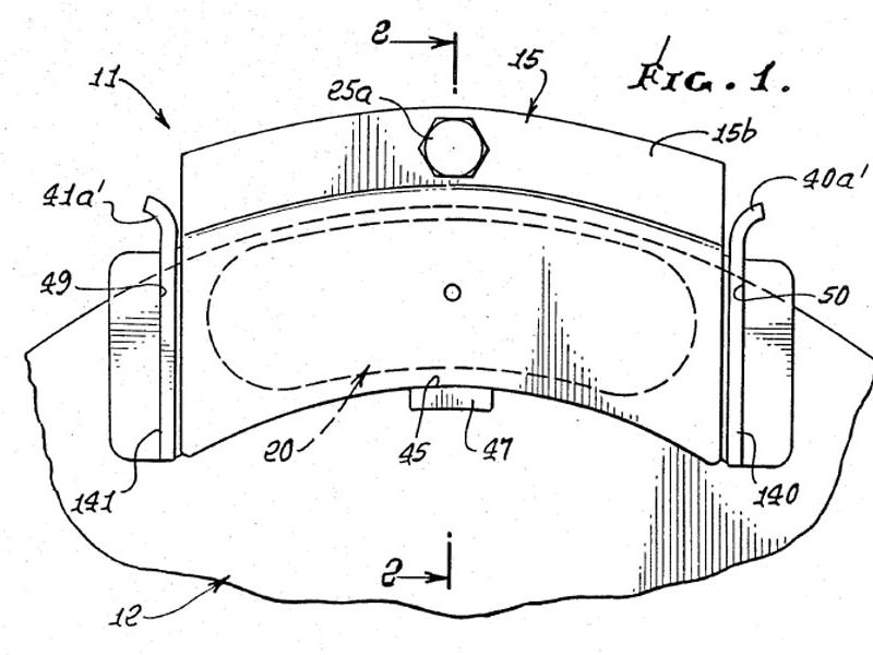 renderings of disc brake caliper, patent number 4535873, Franklin B. Airheart