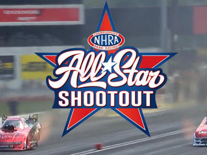 NHRA Allstar Shootout logo, NHRA Funny Cars on track