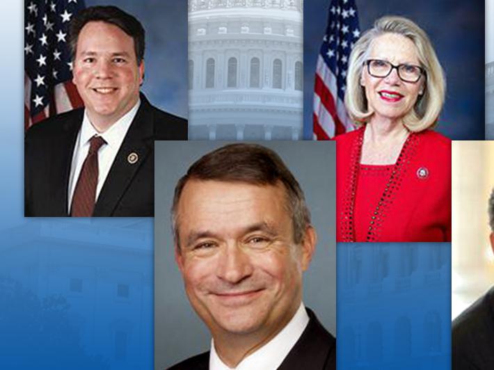 West Virginia lawmakers (top row) Reps. Alex Mooney (R-WV), Carol Miller (R-WV), and David McKinley (R-WV). West Virginia lawmakers (bottom row) Reps. Don Bacon (R-NE) and Adrian Smith (R-NE).