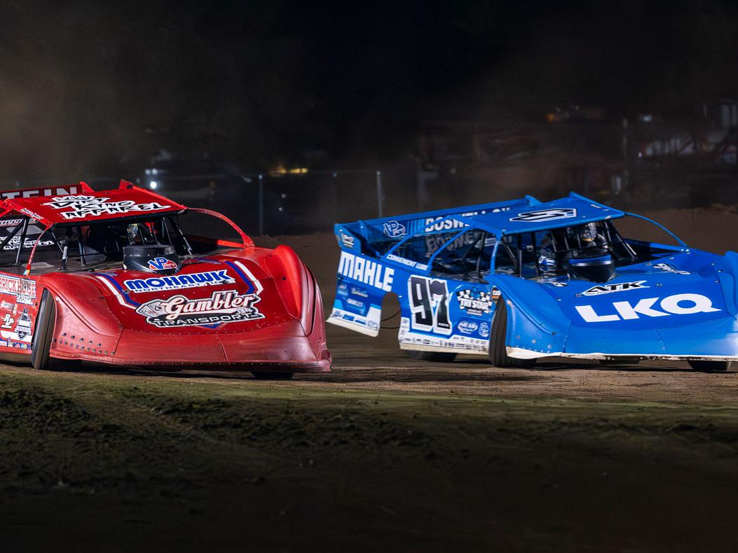 Dirt Late Models on track. Courtesy of World Of Outlaws Real American Beer Late Model Series