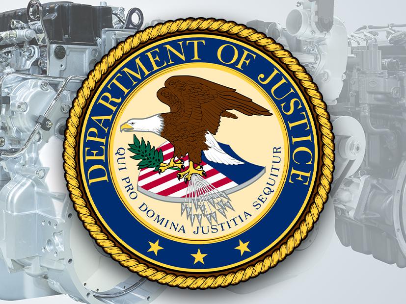 diesel engine on gray background with DOJ logo on top