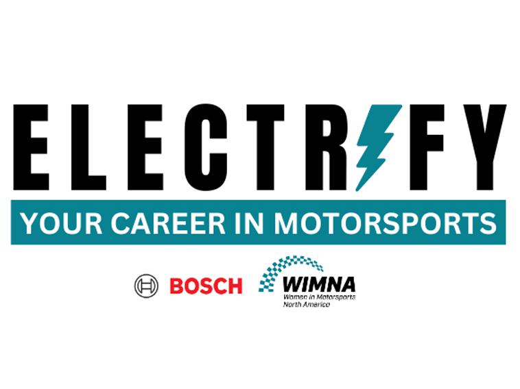 Electrify Your Career in Motorsports logo, plus the WIMNA and Bosch logos.