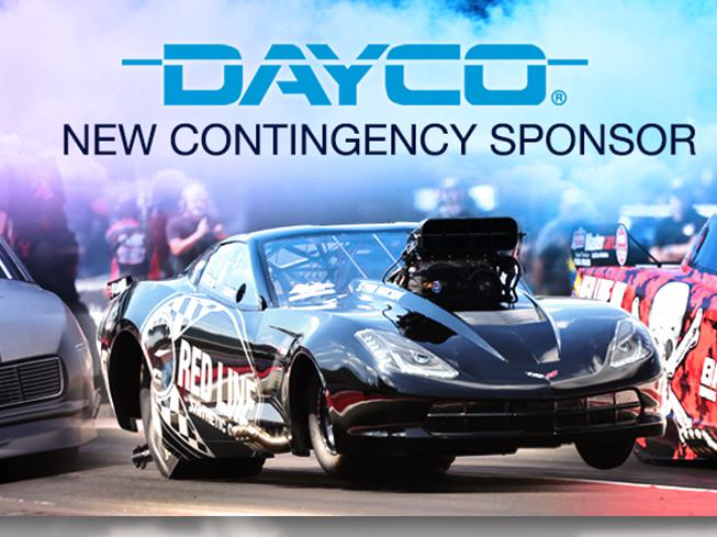 The Dayco logo over images of NHRA Pro Mod, Top Alcohol Dragster and Top Alcohol Funny Cars