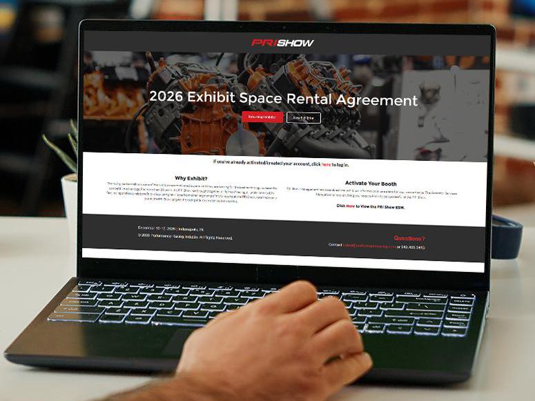 An image of a person on a laptop, with a webpage for the PRI Show Exhibit Space Rental Application pulled up.