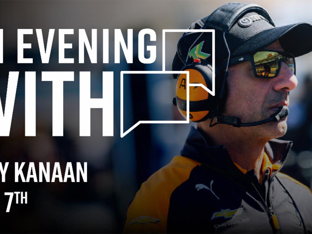 A graphic for Tony Kanaan's appearance at the IMS Museum with a photo of Kanaan standing on pit lane.