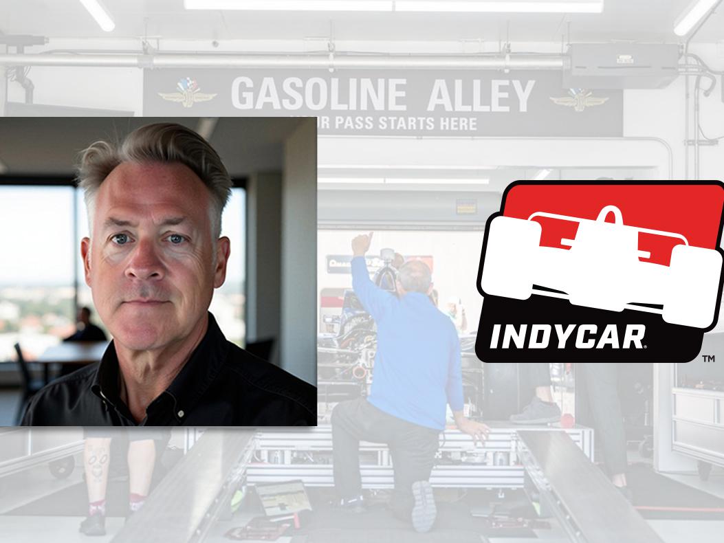 A photograph of Scot Elkins next to the Indycar logo.