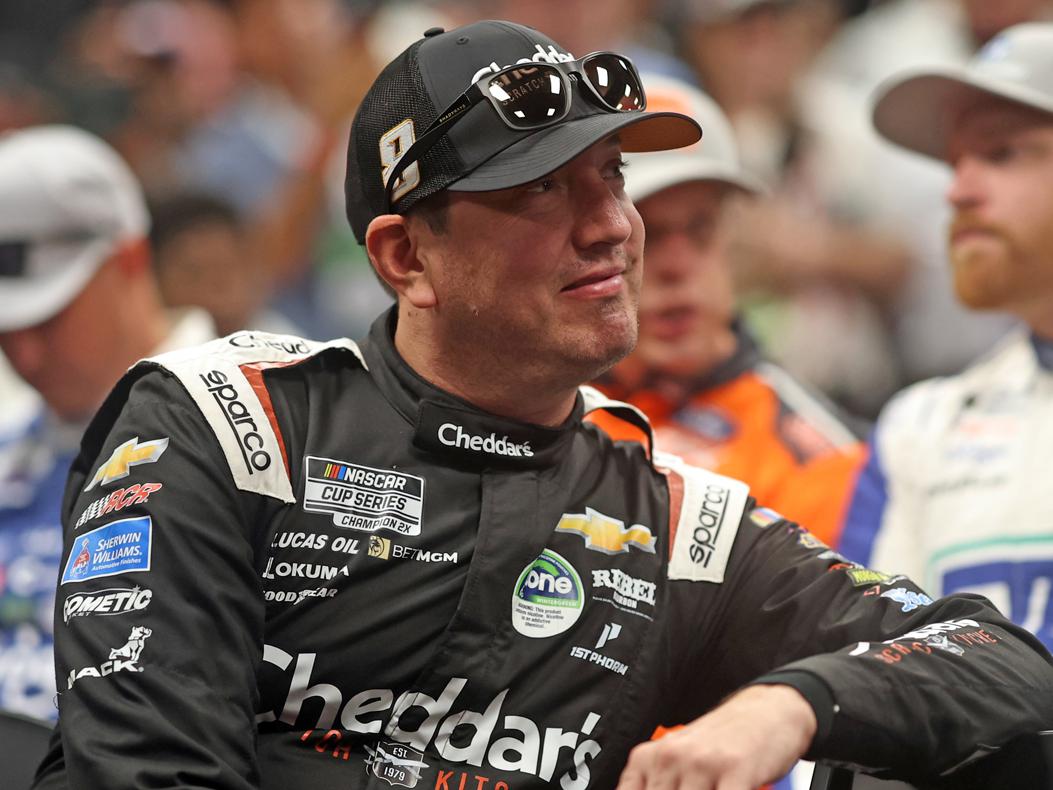 Kyle Busch looks on during the driver's meeting prior to the NASCAR Cup Series Coke Zero Sugar 400 at Daytona International Speedway on August 23, 2025, in Daytona Beach, Florida.