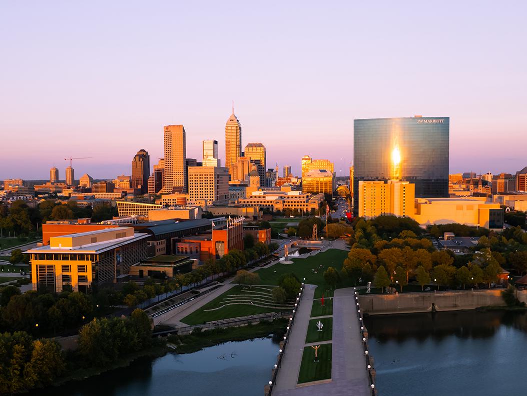 An aerial view of downtown Indianapolis.