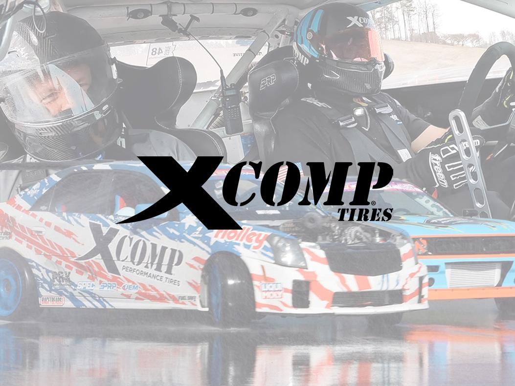 XCOMP Tires logo over an image from the ride and drive event.