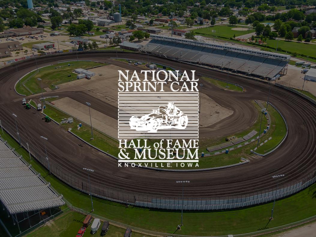 National Sprint Car Hall of Fame and Museum logo over the Knoxville Speedway.
