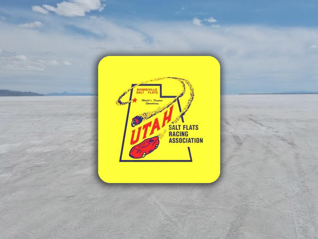 The Utah Salt Flats Racing Association logo over a picture of the Bonneville Salt Flats.