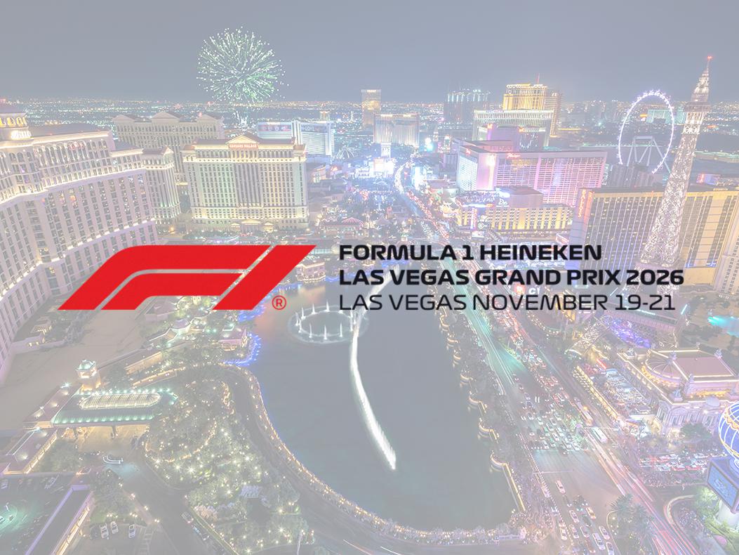 Formula 1 Las Vegas Grand Prix logo over an image of the Vegas Strip.