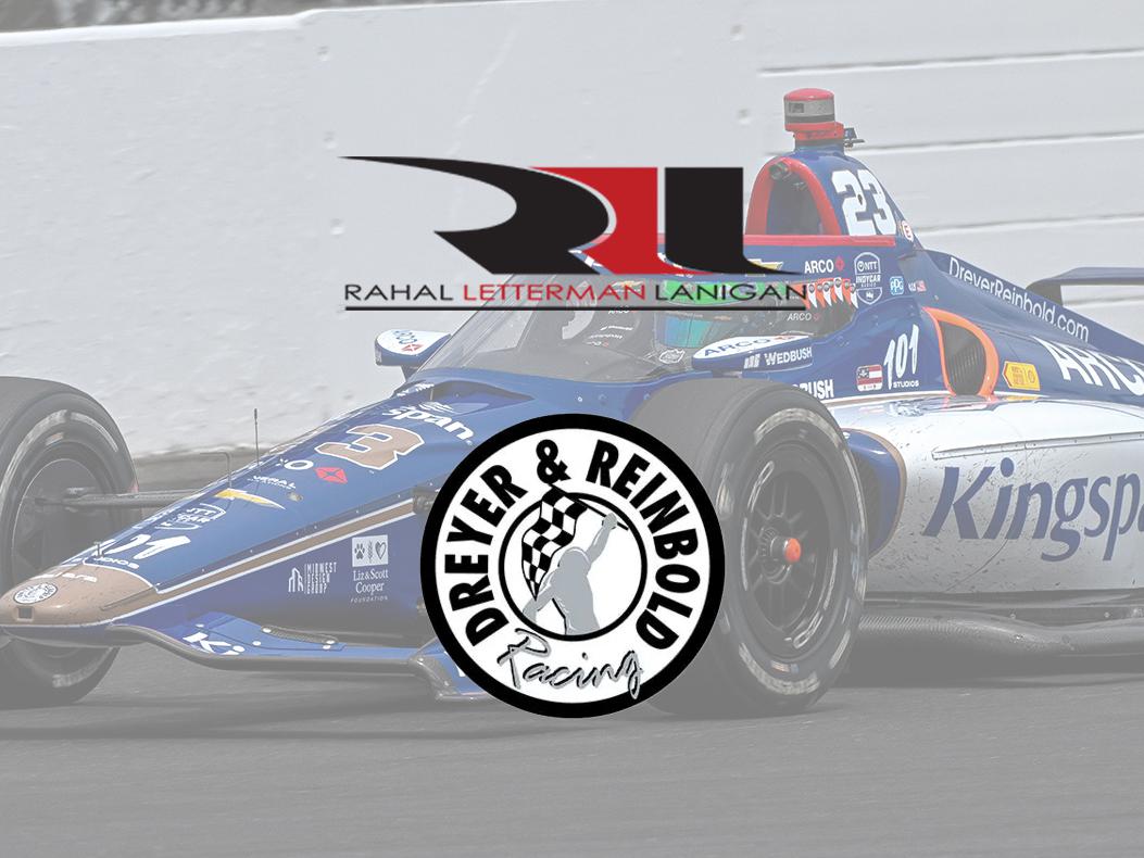 Dreyer and Reinbold and RLL logos over an image of the DRR INDYCAR at IMS.