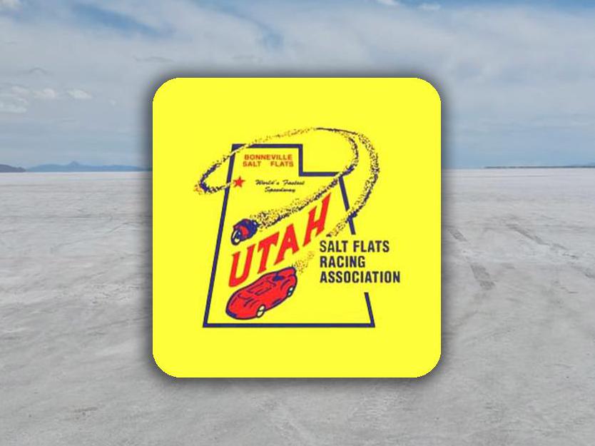 Utah Salt Flats Racing Association (USFRA) logo overlaid Bonneville Salt Flats in Utah